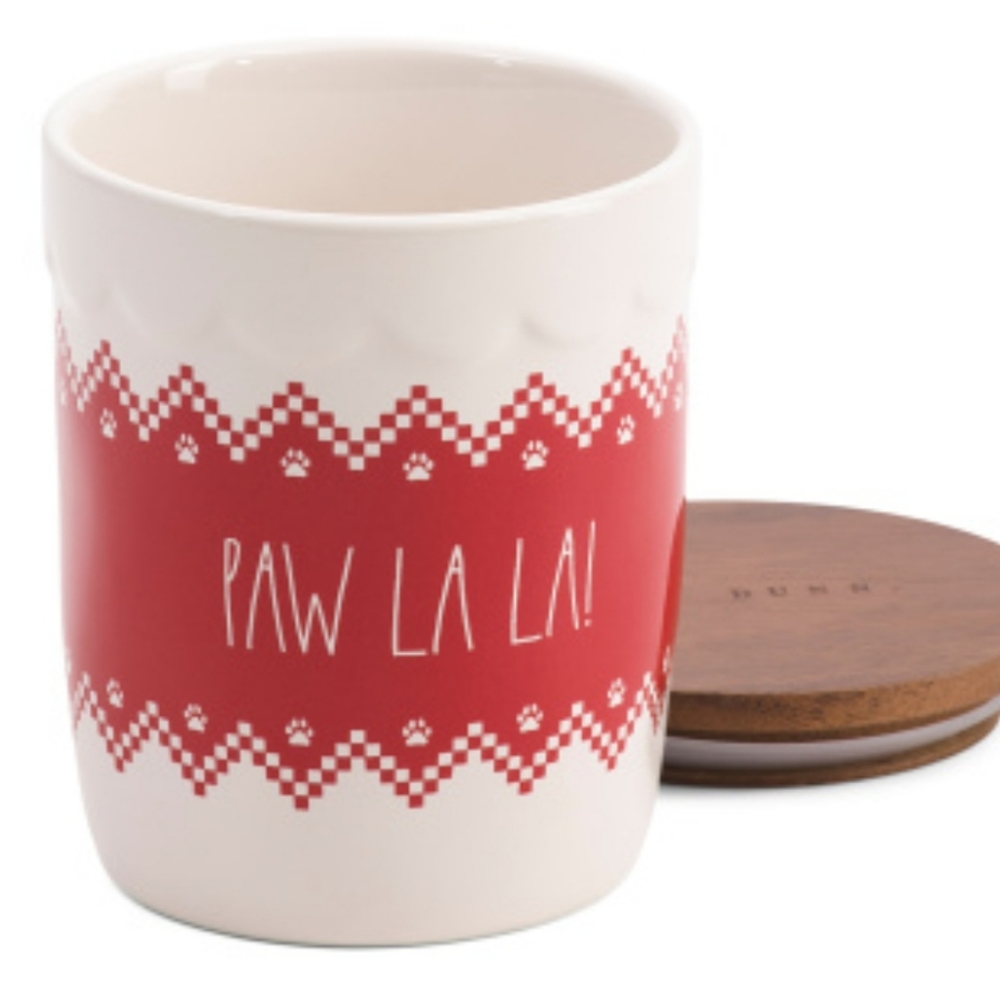 Rae Dunn Paw La La! Pet Treat Canister with wooden lid Christmas holiday